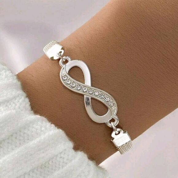 STERLING Silver Infinity Bracelet With Rhinestones - Picture 8 of 9